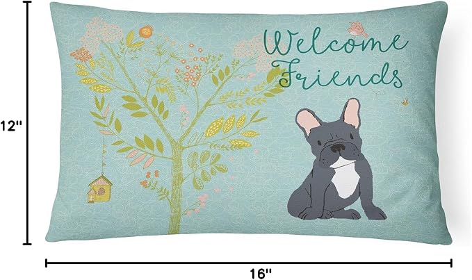 Caroline's Treasures BB7632PW1216 Welcome Friends Black French Bulldog Canvas Fabric Decorative Pillow Machine Washable, Indoor Outdoor Decorative Pillow for Couch, Bed or Patio, 12HX16W