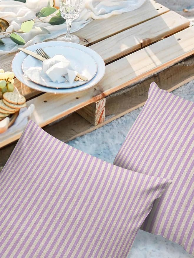 Outdoor Waterproof Throw Pillow Covers Set of 2 Purple Stripes Pillowcases 24x24 Inches Linen Classic Vertical Striped Patio Decorative Pillows Cushion Case Patio Pillows for Couch Bed Chair Garden