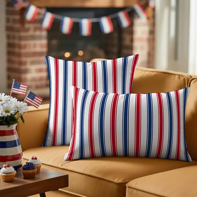 Outdoor Pillow Covers Set of 2, USA Independence Red Blue White Stripe Decor Throw Pillow Covers 16X16IN, President's Flag Day Throw Pillows Protector Cushion Case for Patio,Couch,Sofa,Garden