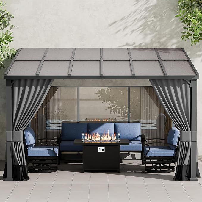 ALAULM 10'x 12' Outdoor Hardtop Pergola, Lean to Gazebo with Curtains and Netting,Large Wall-Mounted Heavy Duty Awnings for Patio, Backyard, Deck and Lawns-Grey