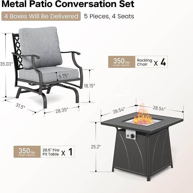 SUNSHINE VALLEY 5 Piece Metal Outdoor Patio Furniture Set with Fire Pit Table, Patio Conversation Sets 4 Rocking Chairs with 5.75" Thick Cushion and 5000 BTU Fire Pit Table, Backyard Furniture, Gray