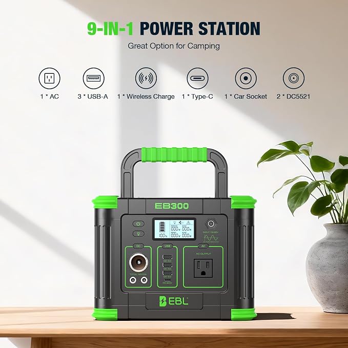 EBL 330W Portable Power Station with 100W Portable Solar Panel, 288.6Wh USB-C PD60W 330W Pure Sine Wave Solar Generator, Foldable Solar Panel for Camping, Emergency Backup