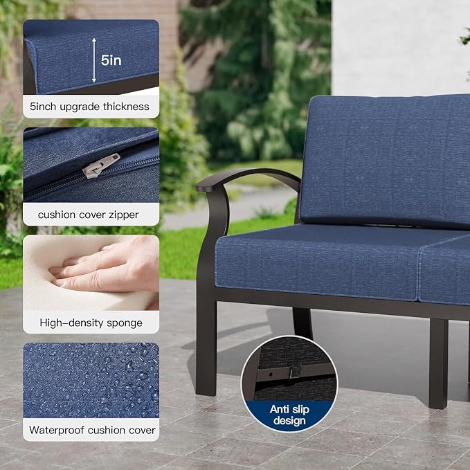 Kullavik Aluminum Patio Furniture Set,5 Piece Modern Metal Outdoor Patio Furniture w/5.1'' Thick Cushion,Swivel Chairs and 45" Propane Fire Pit Table,Patio Conversation Sets for Porch,Deck,NavyBlue