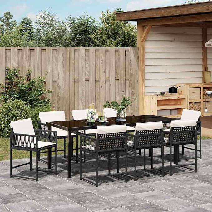 9-Piece Outdoor Garden Dining Set, Black Poly Rattan Patio Furniture with Glass Top Table and 8 Comfortable Chairs, Weather-Resistant Backyard Seating