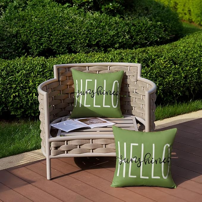DFXSZ Olive Green Outdoor Waterproof Pillow Covers 20x20 Set of 2 | Hello Sunshine Decor Spring Summer Polyester Pillow Covers(NO INSERTS)| Decor for Patio Funiture Garden Sofa Couch