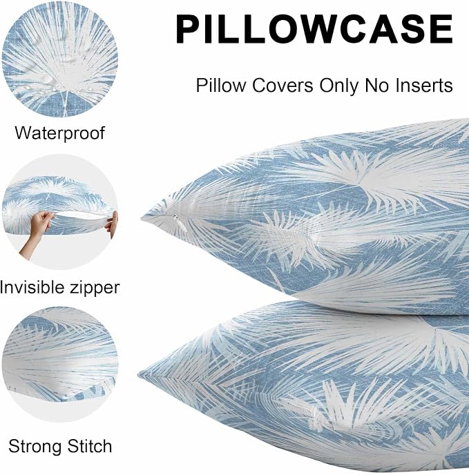 Lumbar Pillow Covers 20x12 Inch Set of 2, Sky Blue Palm Leaves Coastal Waterproof Outdoor Pillow Covers, Summer Tropical Botanical Decorative Cushion Pillowcases for Couch, Sofa, Bed, Garden, Patio