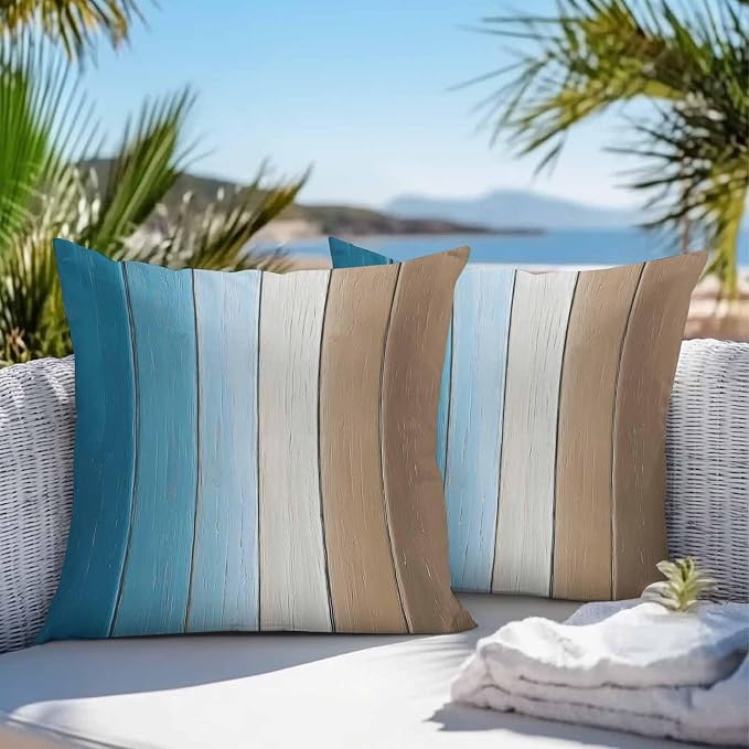 Throw Pillow Covers 16x16 Inch Set of 2, Blue Brown Ombre Waterproof Outdoor Cushion Covers, Vintage Country Wooden Decorative Pillowcases for Couch, Sofa, Bed, Garden, Patio