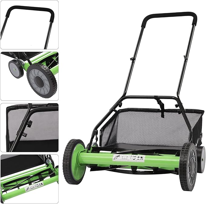 Reel Mower Cylinder Lawnmower Push Reel Lawn Mower with Grass Catcher Universal Manual Lawn Mower w/Grass Catcher Adjustable Cutting Height Detachable Design Push Lawn Mower Green