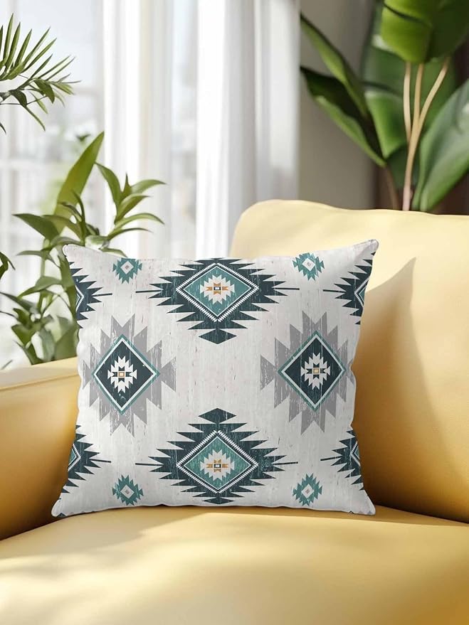 Waterproof Outdoor Pillow 1 Pack Turquoise Boho Aztec Decorative Throw Pillows Cover & Insert 16x16 Inch Pillowcase Southwest Tribal Style Pillows for Couch Sofa Bed Patio Furniture Indoor Outdoor