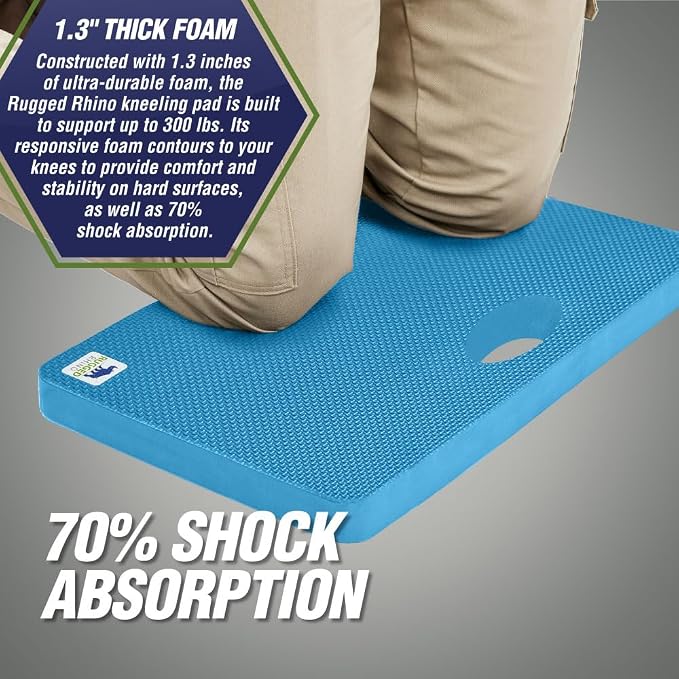 RUGGED RHINO Heavy Duty Kneeling Pad for Work, Shock Absorbent Thick Knee Pads, Holds Up to 300 lbs, Protect Knees from Hard Concrete Surfaces For Mechanics, Yard Gardening, Home Gym, Bright Blue