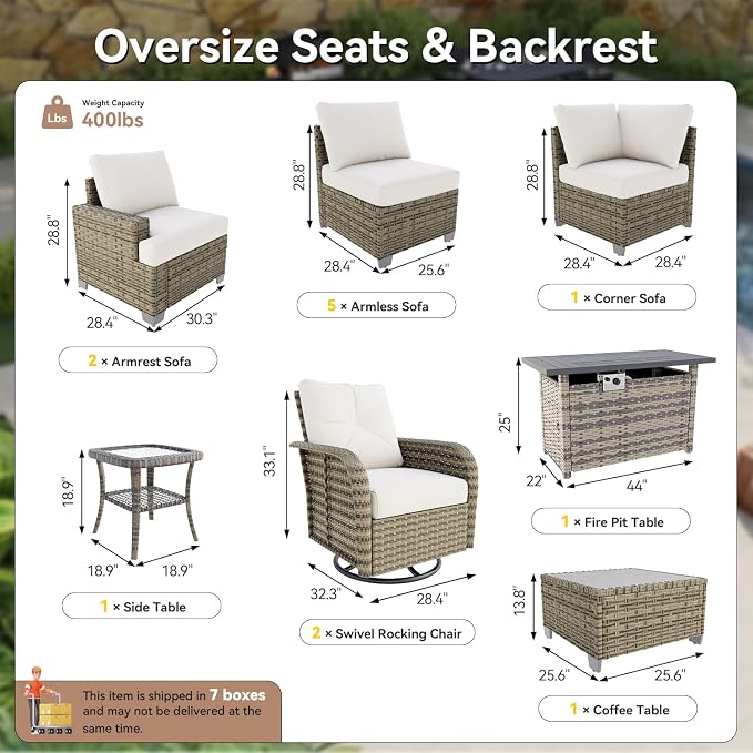 LazySunsets Luxury Patio Furniture Set with Fire Pit Table，All-Weather Patio Sectional Sofas with Thickened Cushions, 13 Piece Outdoor Furniture Sectional Set with Swivel Rocker Chairs of 2，Beige