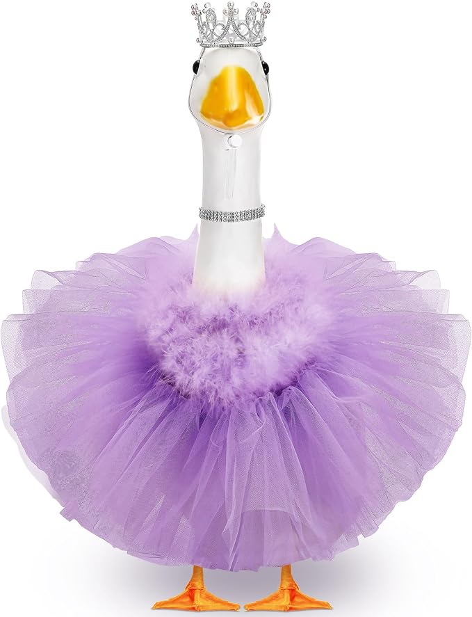 4 Pcs Princess Porch Goose Outfit for 23" 17" Cement Lawn Goose Costume Crown Necklace Tutu Skirt Feather Trim(Purple)