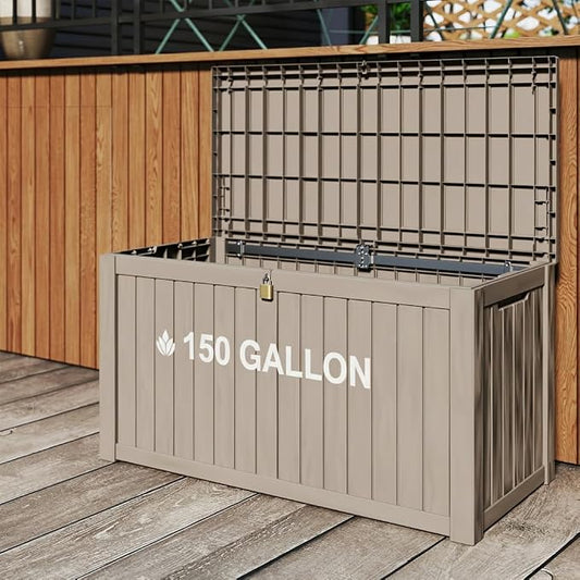 150 Gallon Waterproof Resin Outdoor Storage Box, Lockable & UV Resistant | Patio Deck Boxes, Outside Storage for Patio Cushions, Pool Toys, Garden Tools & Package Delivery, Brown