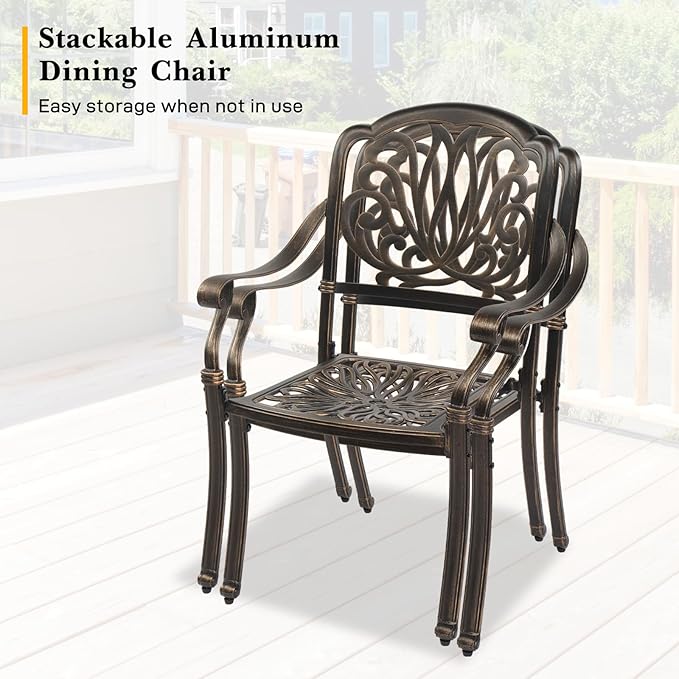 VINGLI 5-Piece Cast Aluminum Outdoor Patio Dining Set with 9ft Umbrella, Space-Saving Stackable Chairs & Table for Yard, Garden, Porch, Poolside, Square Table