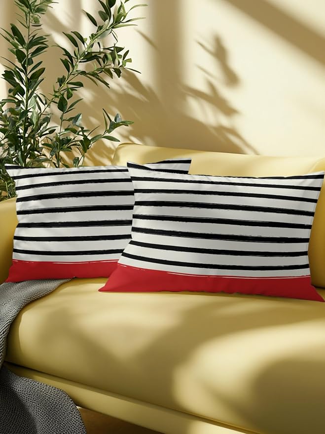 Waterproof Outdoor Pillow Set of 2 Black Stripes Decorative Throw Pillows Cover & Insert 20x12 Inch Lumbar Pillowcase Red Striped Lines Pillows for Couch Sofa Bed Patio Furniture Indoor Outdoor