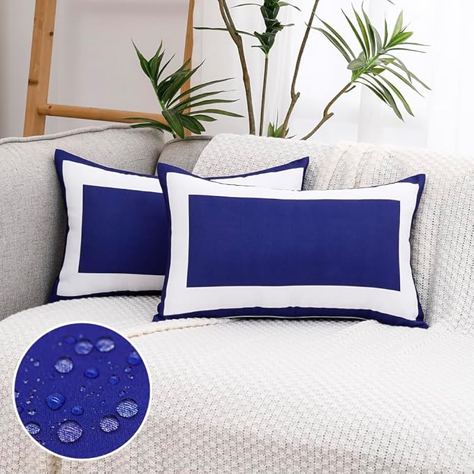 JOJOGOGO Navy Blue Outdoor Lumbar Pillow Covers Waterproof 12x20 Set of 2, Navy Decorative Outdoor Waterproof Sunburn Resistant Boho Bolster Pillows 12 x 20 for Patio Furniture Hammock (White Border)