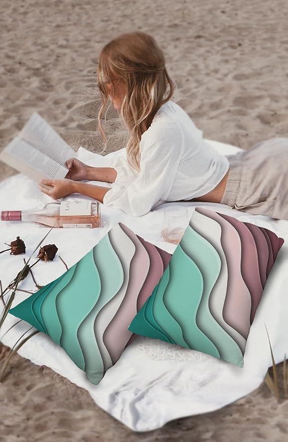 Funy Decor Waterproof Outdoor Throw Pillow Cover Green Modern Geometric Lumbar Pillowcases Set of 2 Abstract Beach Decorative Patio Furniture Pillows for Couch Garden 20 x 12 Inches