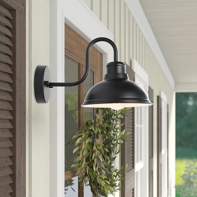 Gooseneck Barn Light Outdoor Wall Lights 8" Exterior Lighting Fixtures | Anti-Rust Waterproof Farmhouse Industrial Vintage Wall-Mount Matte Black for Porch/Patio Garage/Yard ETL Listed