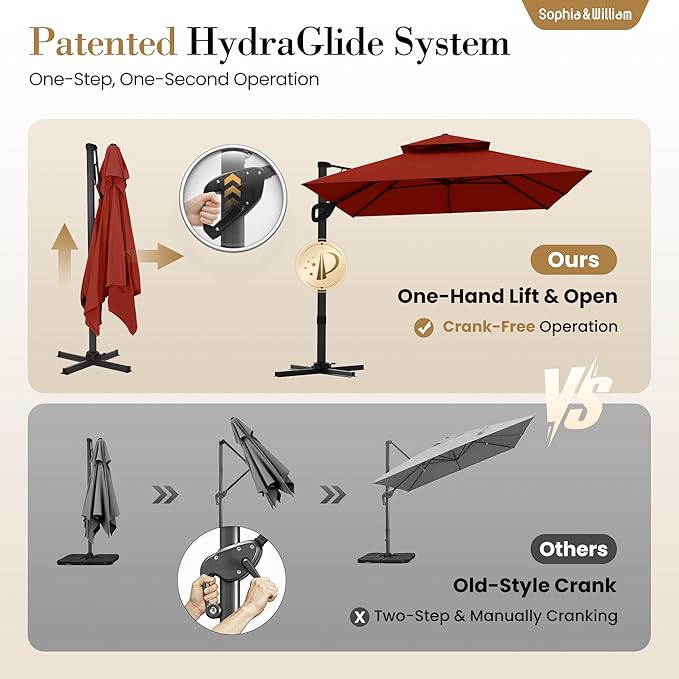Sophia & William 12ft Cantilever Patio Umbrella with Base, Large Rectangular Umbrellas with 360-degree Rotation, Aluminum Pole for Garden Pool Backyard, Red