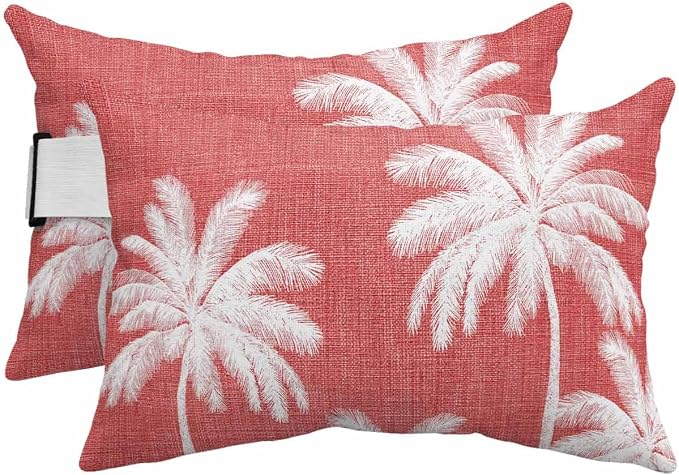 Pack of 2 Outdoor Lumbar Pillow Covers 12x20 Inch, Coral Red Palm Trees Waterproof Throw Pillow Covers Set, Farmhouse Tropical Summer Beach Indoor&Outdoor Decorative Cushion Cases for Patio Porch Car