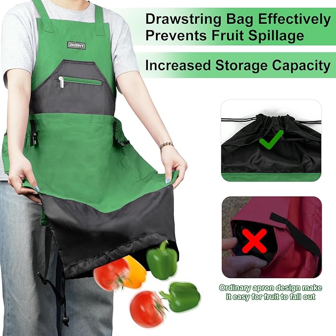 Garden Apron,Harvest Aprons with Drawstring Bag and Pockets for Women and Men,Canvas Fruit Picking Apron