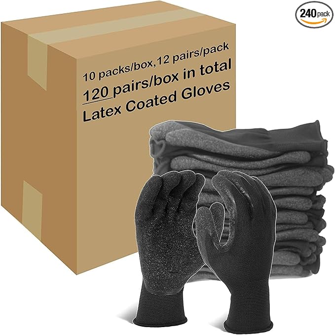 Evridwear Crinkle Latex Rubber Hand Coated Safety Work Gloves for Men Women General Multi Use Construction Warehouse Gardening Assembly Landscaping,Black X-small 120 Pairs Pack