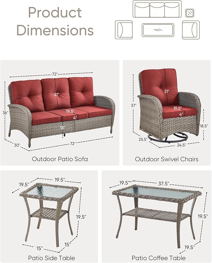 5 Pieces Wicker Patio Furniture Set-Outdoor Swivel Rocker Patio Chairs Patio Sofa Set with Tempered Glass Top Outdoor Coffee Table for Deck Lawn Porch Balcony Poolside-Grey/Red