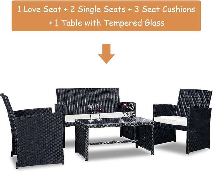 HAPPYGRILL 4pcs Patio Furniture Set Rattan Wicker Conversation Set Outdoor Sofa Wicker Table & Chair Set with Cushions for Garden Lawn Pool Backyard