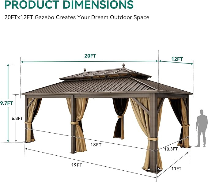 YITAHOME 12X20FT Hardtop Gazebo Double Roof Canopy Galvanized Iron Aluminum Pillar Garden Tent Curtains Netting for Patios Backyards Decks Lawns