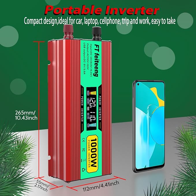 1000 Watt Power Inverter, 12V DC to 120V AC for Vehicles, Home Use Outdoor Camping Car Power Inverter with 2 AC Outlets, 2 USB Ports, Cooling Fan, Cables, LED Screen