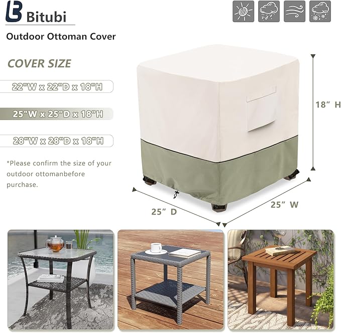 Bitubi Waterproof Patio Ottoman Cover, Heavy Duty Square Outdoor Side Table Furniture Covers Size 25L x 25W x 18H inch (Beige)