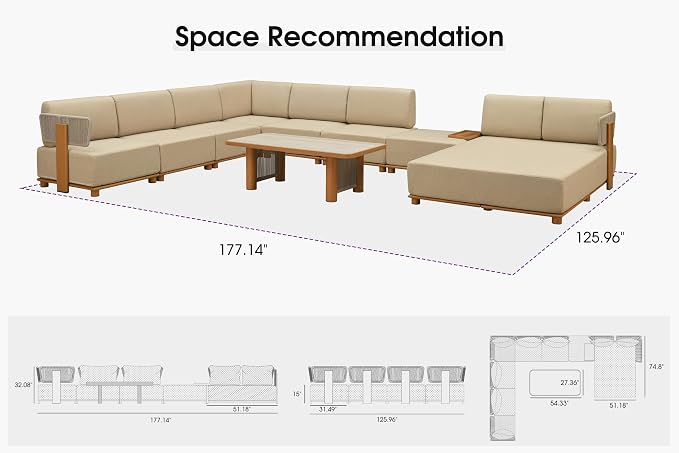 PURPLE LEAF Patio Furniture Set Modular U-Shaped Outdoor Sectional Sofa with 11" Thick Cushion 9-Piece Outdoor Conversation Set w/Daybed & Coffee Lights for Backyard Ottomans & Table Included, Beige
