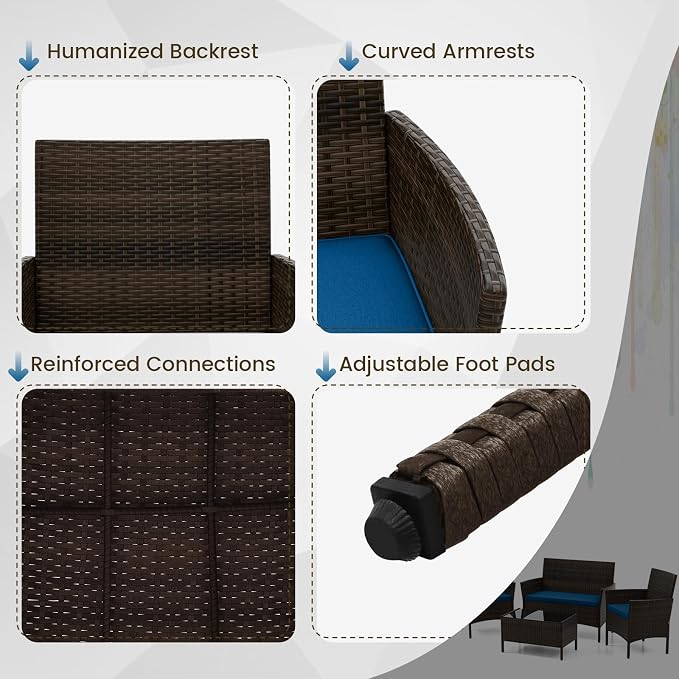 DORTALA Wicker Patio Furniture Set 4 Piece, Outdoor PE Rattan Table & Chairs Set with Tempered Glass Coffee Table, Loveseat, Cushions, Conversation Set for Balcony, Porch, Backyard, Deck, Peacock Blue