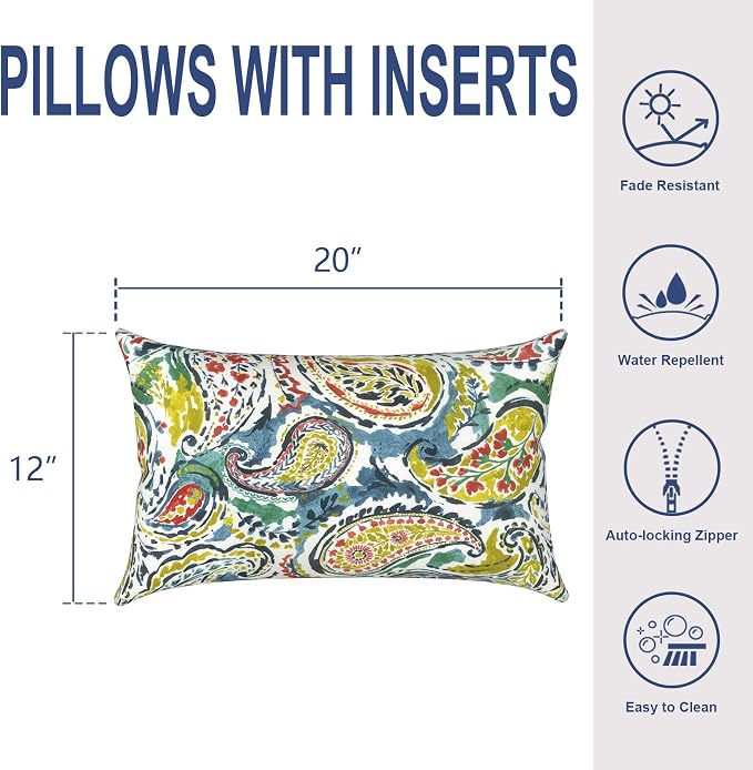 Outdoor Lumbar Pillows 12x20 Inch, Water Repellent Cushion Pillows, Outdoor Pillows with Inserts for Home Garden Pack of 2, Paradise Paisley