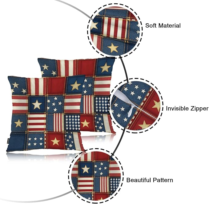 Swono Patchwork of American Flag Square Pillow Covers Cushion Covers, Grunge Denim USA Flag 18 X 18 Inch Set of 2 Throw Pillow Cover Pillowcases Home Decorative for Couch Sofa Car Bedroom, No Insert