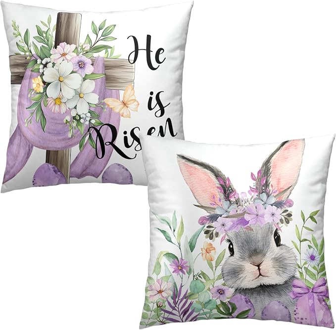 2 Pack Easter Throw Pillow Covers Floral Cross He is Risen Pillow Covers 18x18 Bunny Pillow Cases Purple Eggs Lovely Rabbits Cushion Cases for Home Farmhouse Spring Decor