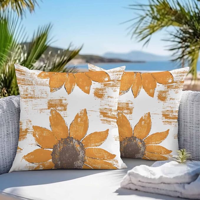 Vandarllin Outdoor Throw Pillows Covers 16x16 inch Set of 2 Waterproof Orange Sunflower Decorative Zippered Cushion Covers for Patio Furniture, Flower Field Lumbar Pillowcases