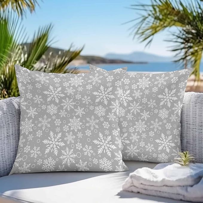 Outdoor Waterproof Throw Pillow Covers, Merry Christmas and Happy New Year Winter Snowfalke Geometric Pattern Gray Pillowcases Cushion Covers Cases for Patio Couch Bench, Pack of 2 Square, 18X18 Inch