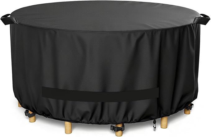 LBTING Round Patio Furniture Cover, Outdoor Table Chair Set Covers 48Dia x 28H Inches, 420D Waterproof Windproof Dust-proof UV-Resistant Furniture Cover - Black