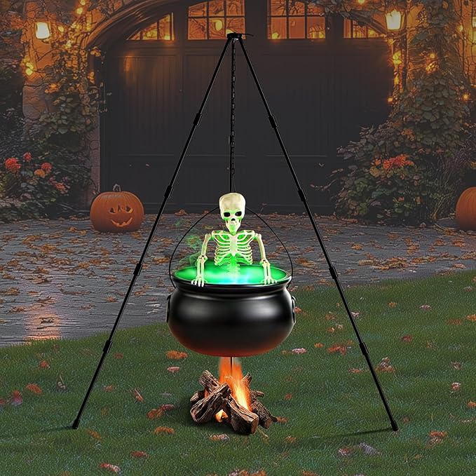 MEADIN Halloween Decorations Outdoor - Large Witches Cauldron on Tripod with Cauldron Diffuserr and Big Skeleton - Black Plastic Cauldron Halloween Decor for Outside Yard Lawn Home Porch Door