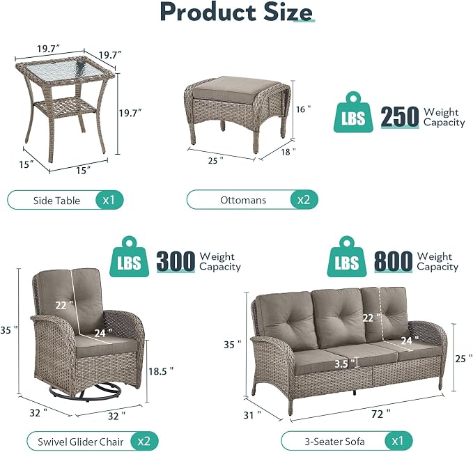 6 Piece Patio Furniture Set - Wicker Patio Conversation Set with Swivel Glider, 3-Seater Sofa, Tempered Glass Side Table and 2 Ottomans for Deck Backyard - Grey Wicker Grey Cushion