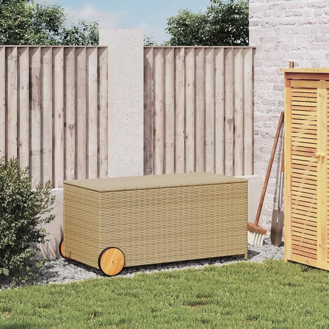 Large Beige 190L Wheeled PE Rattan Garden Storage Box 21.7x42.1x20.9 in, UV Resistant Outdoor Patio Deck Box for Cushions, Tools & Toys
