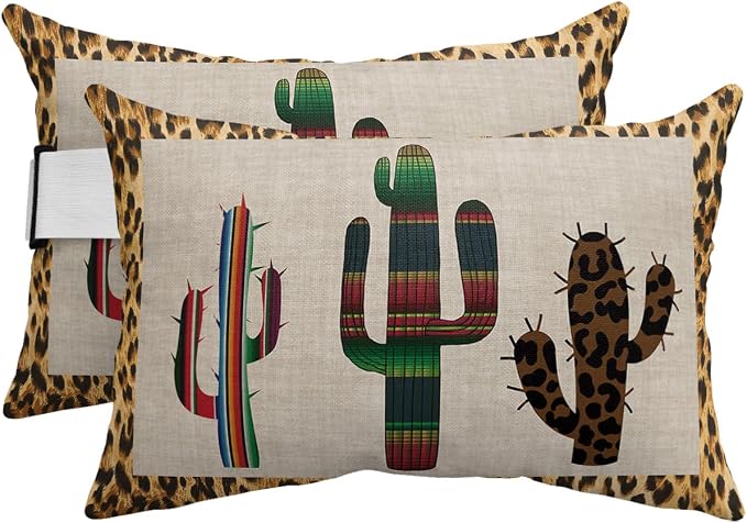 Outdoor Pillows Covers with Inserts Mexico Cactus Leopard Print Background Waterproof Recliner Pillow with Adjustable Strap Throw Pillows for Patio Furniture Pool Lounge Chair, 11x16 inch, 2PCS