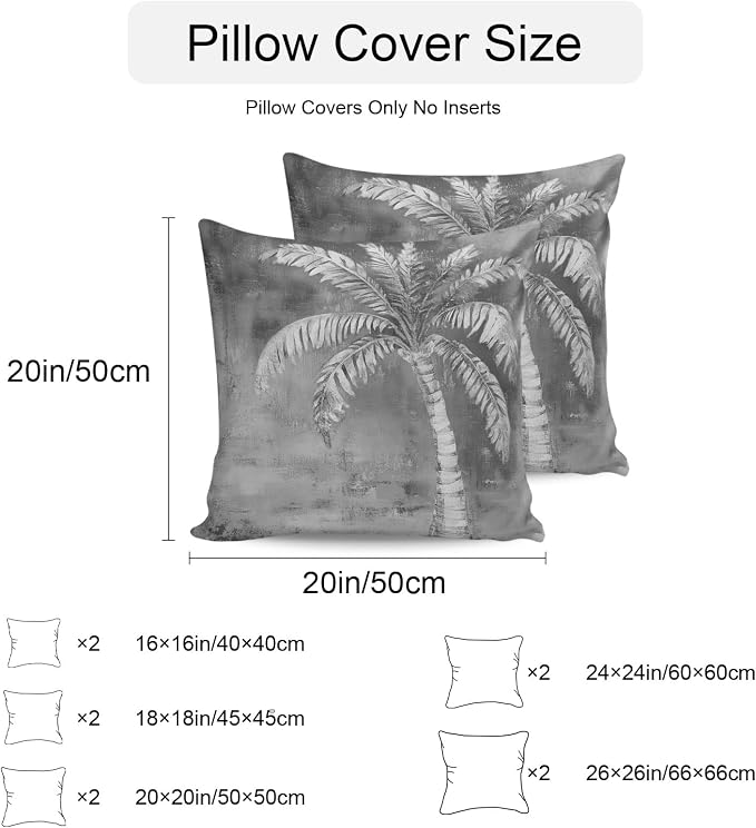 Coastal Beach Tree Grey Outdoor Waterproof Pillow Covers, Vintage Summer Palm Tree Decorative Square Throw Pillowcase, Tropical Botanical Sofa Cushion Sham for Patio/Couch/Chair, 24"x24" 2 Pack