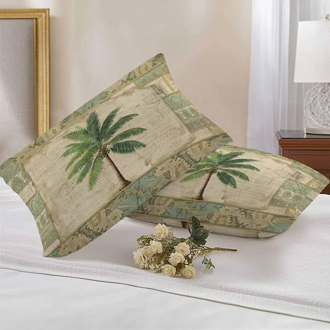 Summer Palm Trees Outdoor Pillow Covers 20"x12" Set of 2, Green Tropical Leaves Retro Boho Vintage Texture Waterproof Throw Pillow Covers for Patio Furniture, Decorative Cushion Covers for Porch