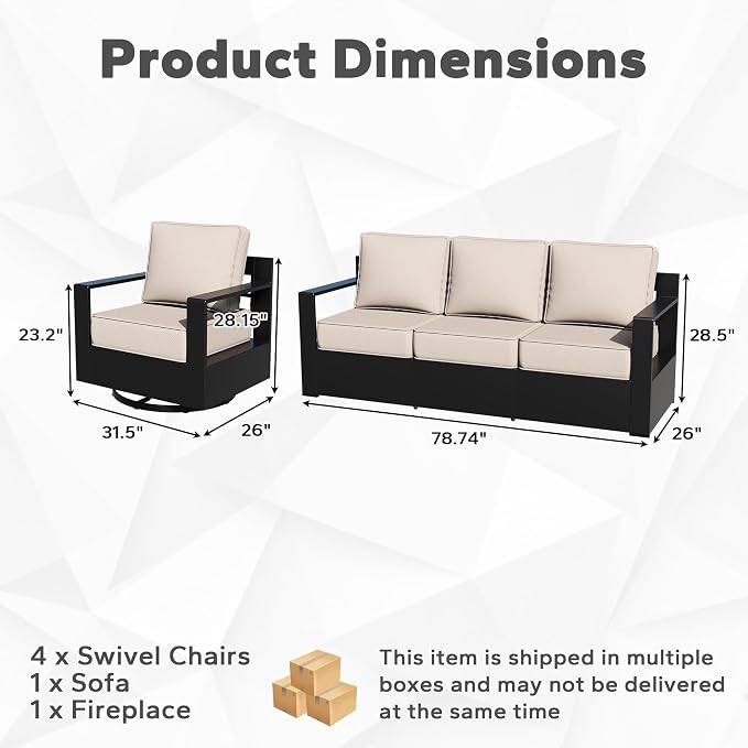 Outdoor Aluminum Furniture Set, 5-Piece Patio Conversation Set, 4 Swivel Chairs, 1 Sofa and 1 Fireplace, All-Weather Metal Frame, 6" Thick Removable Cushions, Deep Setting for Garden, Porch