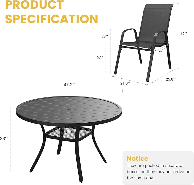 VICLLAX Patio Dining Set for 6, All Weather Metal 7 Pieces Patio Set-47.2" Round Outdoor Table and Stackable Chairs for Lawn Garden and Backyard, Black Tabletop