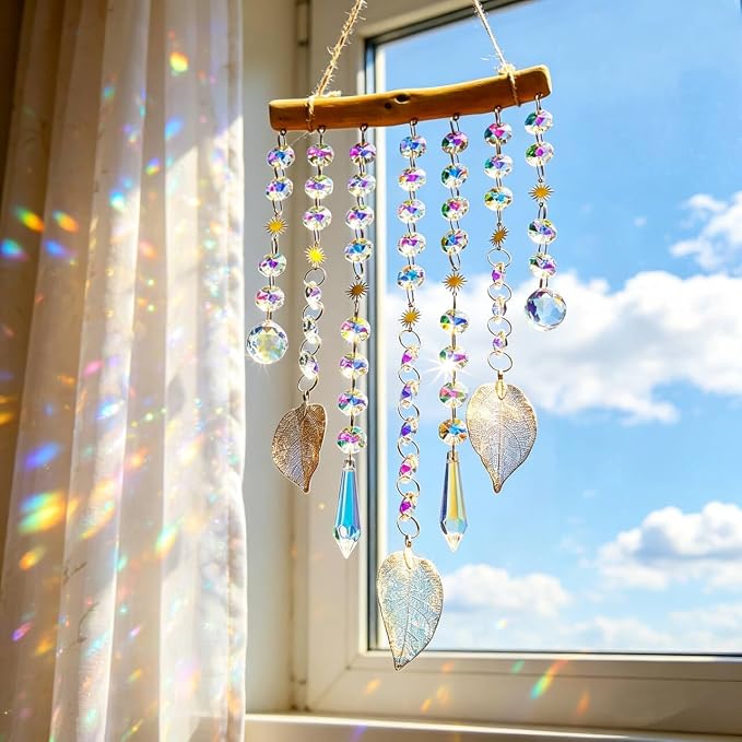 13inch Crystal Leaf Suncatcher for Window Hanging Rainbow Maker Sun Catcher | Glass Wind Chimes Styles Crystal Prisms Sun Catcher Indoor Window Home Garden Decoration Gift For Mom Women