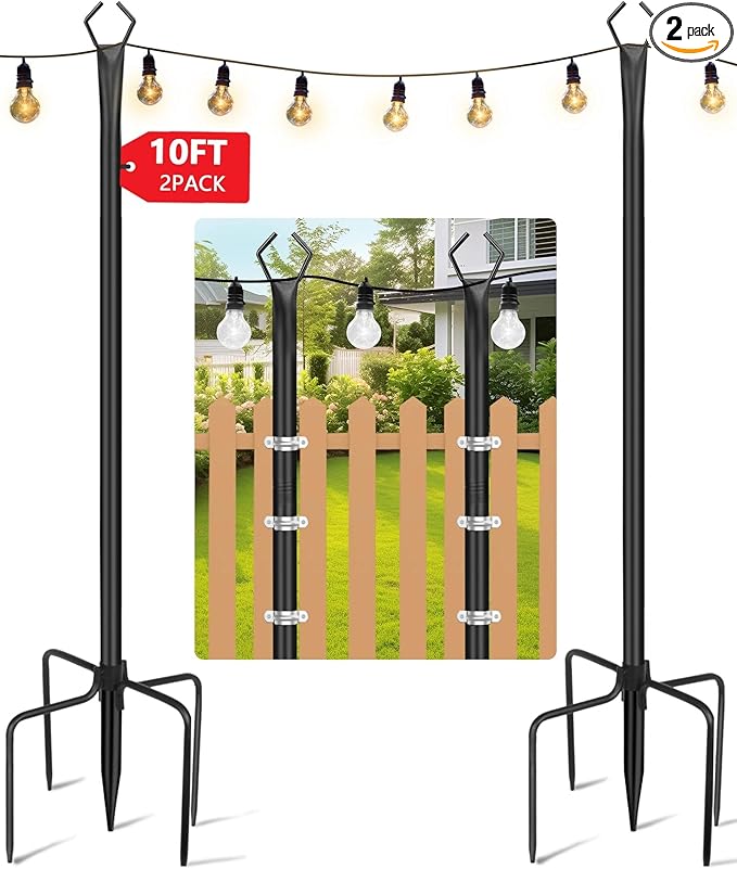 HEMMOTOP String Light Poles for Outside 10FT 2 Pack, Outdoor String Light Poles for Patio Decor Garden Deck Backyard Fence Bistro, Heavy Duty Metal Pole with Fork, Perfect for Wedding Party Camping