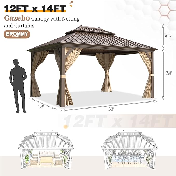 EROMMY 12'x14' Hardtop Gazebo, Galvanized Steel Outdoor Aluminum Canopy with Netting and Shaded Curtains, Double Roof Pergolas, Permanent Metal Pavilion for Patio, Backyard, Deck and Lawns